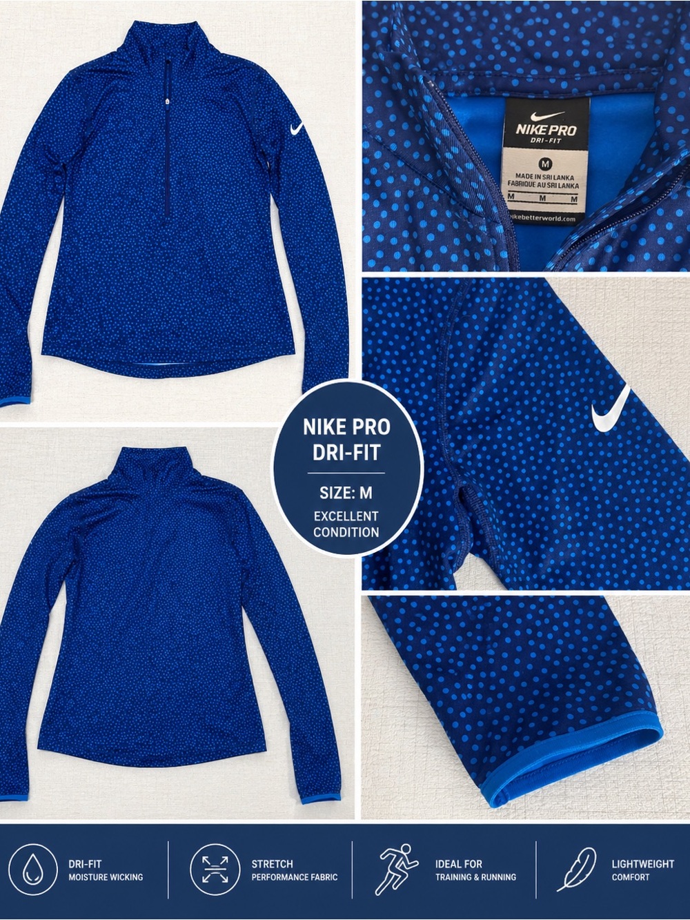 Nike Blue Dri-FIT Long Sleeve 1/4 Zip Pullover with Dot Print